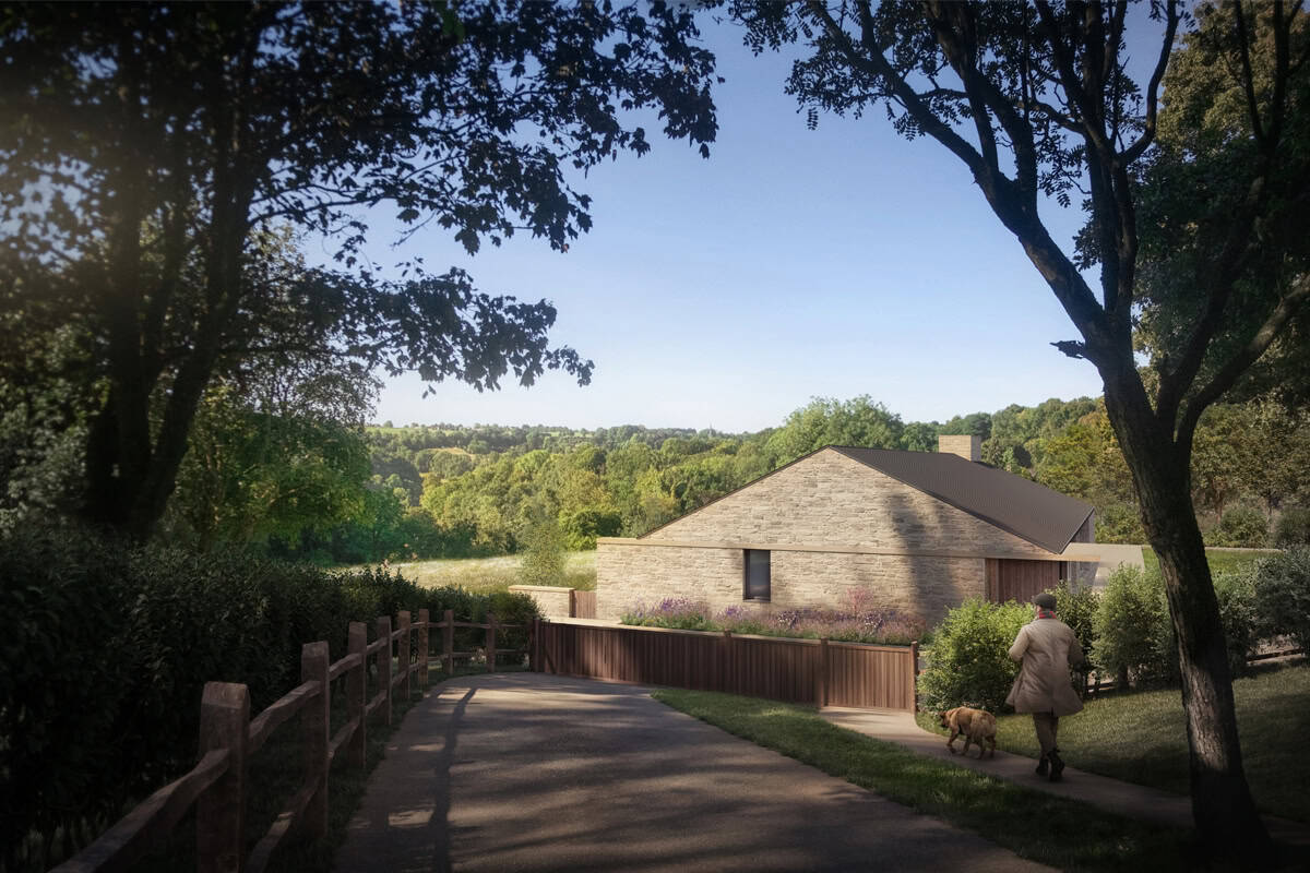 Abnash View approach along tree-lined lane with Cotswolds stone gable and valley views beyond