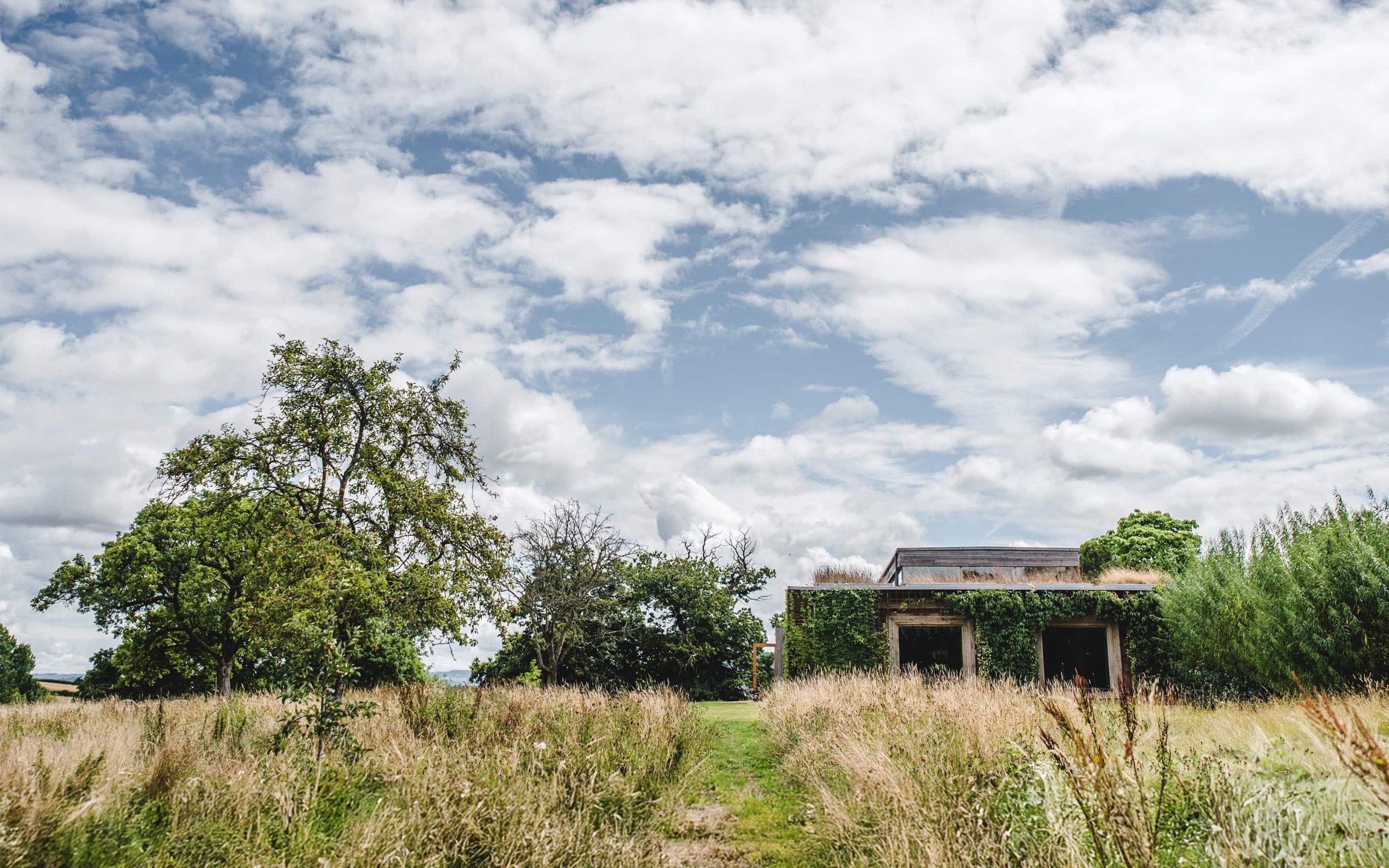 The Gillyflower at Elmore Court, an ivy-covered rammed earth venue in a wildflower meadow